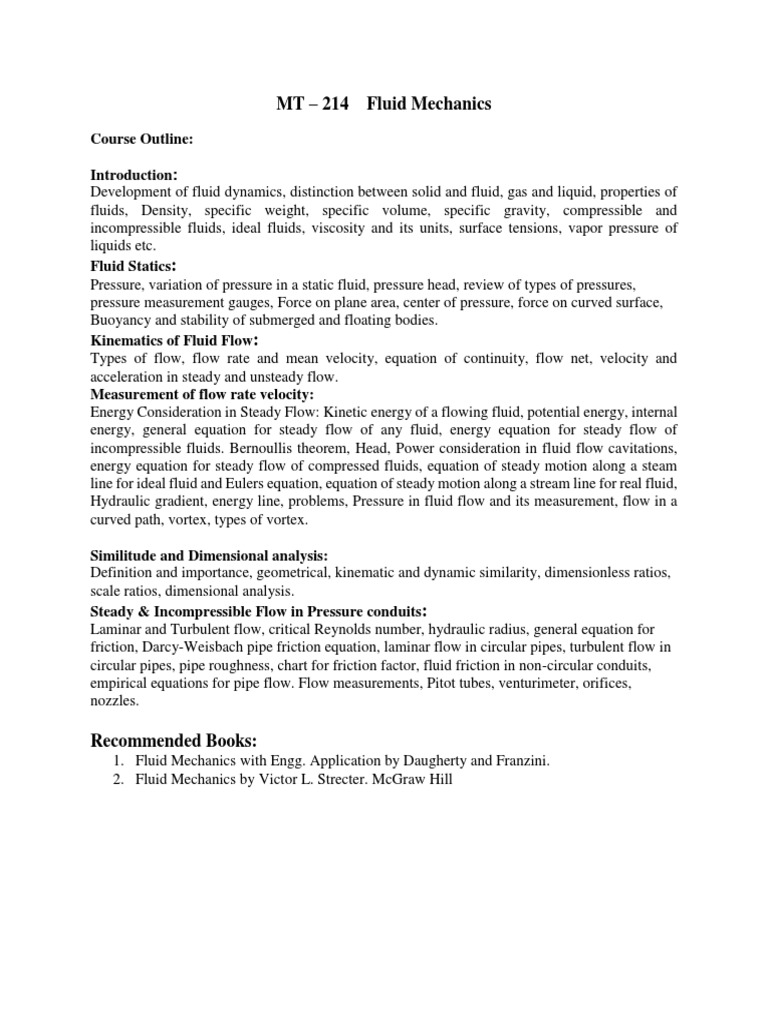 Fluid Mechanics Course Overview | PDF