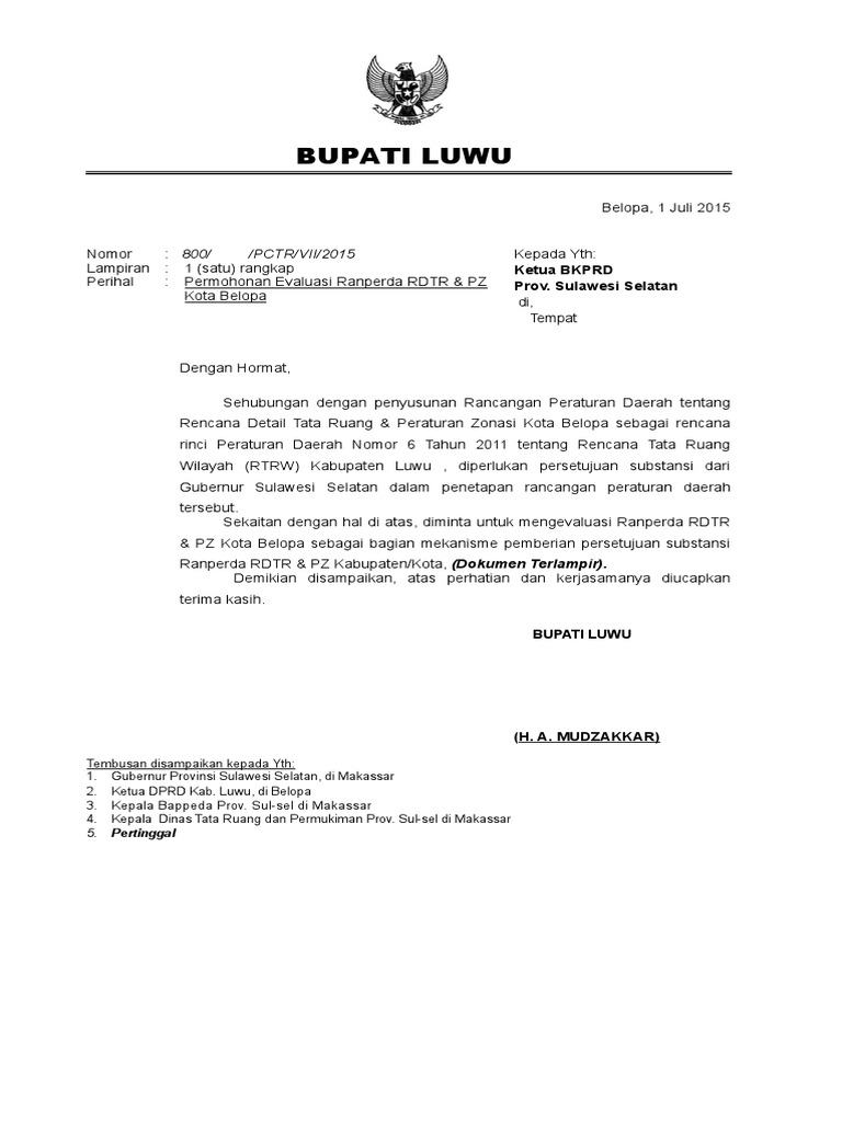 Surat Evaluasi Ranperda RDTR & PZ 2 | PDF