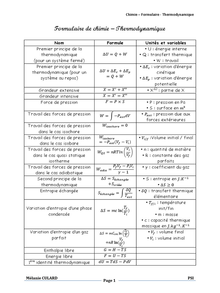 Formulaire de Thermodynamique en Chimie | PDF | Capacité thermique ...