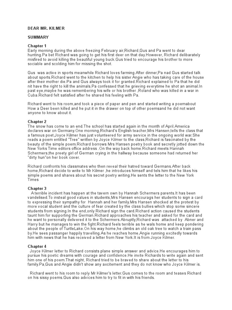 Dear Mr Kilmer Summary Poetry