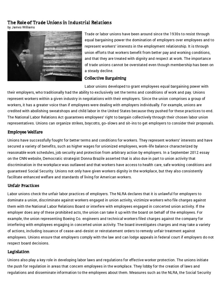 The Role of Trade Unions in Industrial Relations Chron PDF National Labor Relations Act