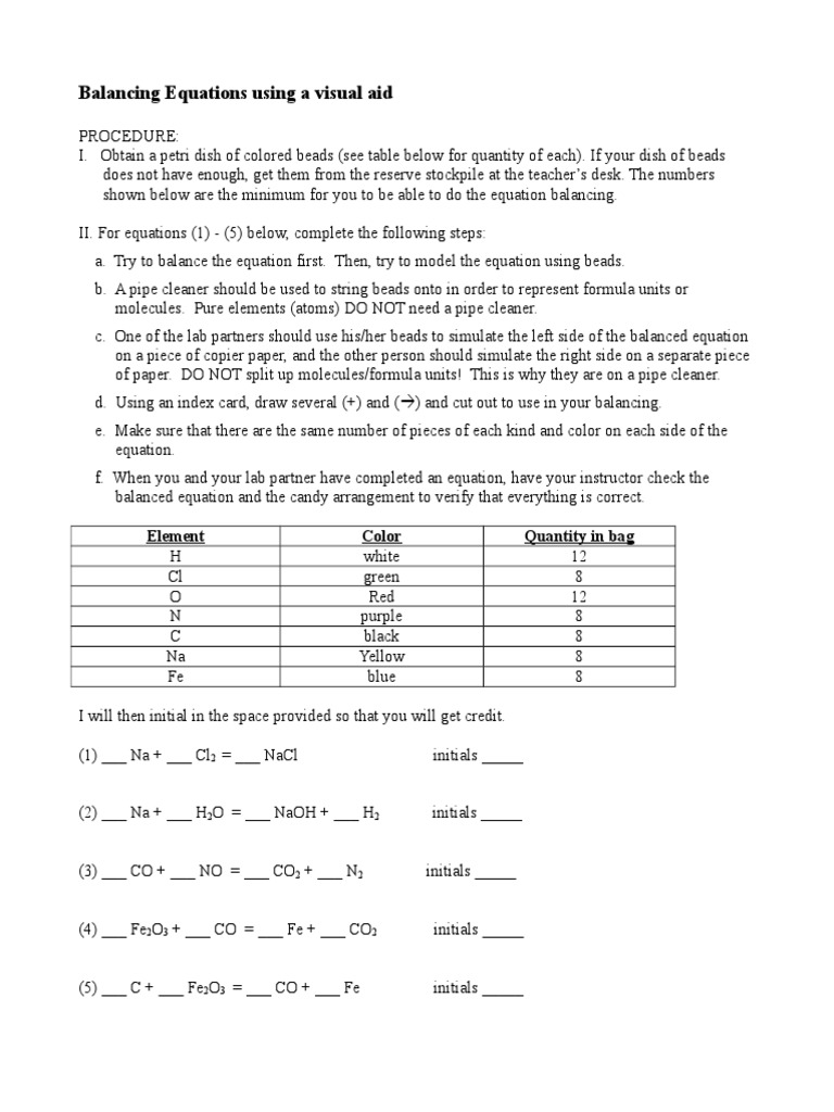 Visual Balancing Equations Activity | PDF | Physical Sciences | Chemistry
