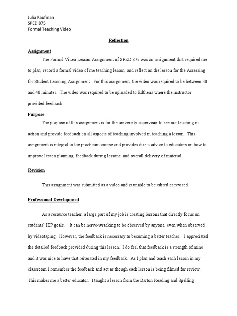 Julia Kaufman Sped875artifactseventeachingvideoreflection PDF