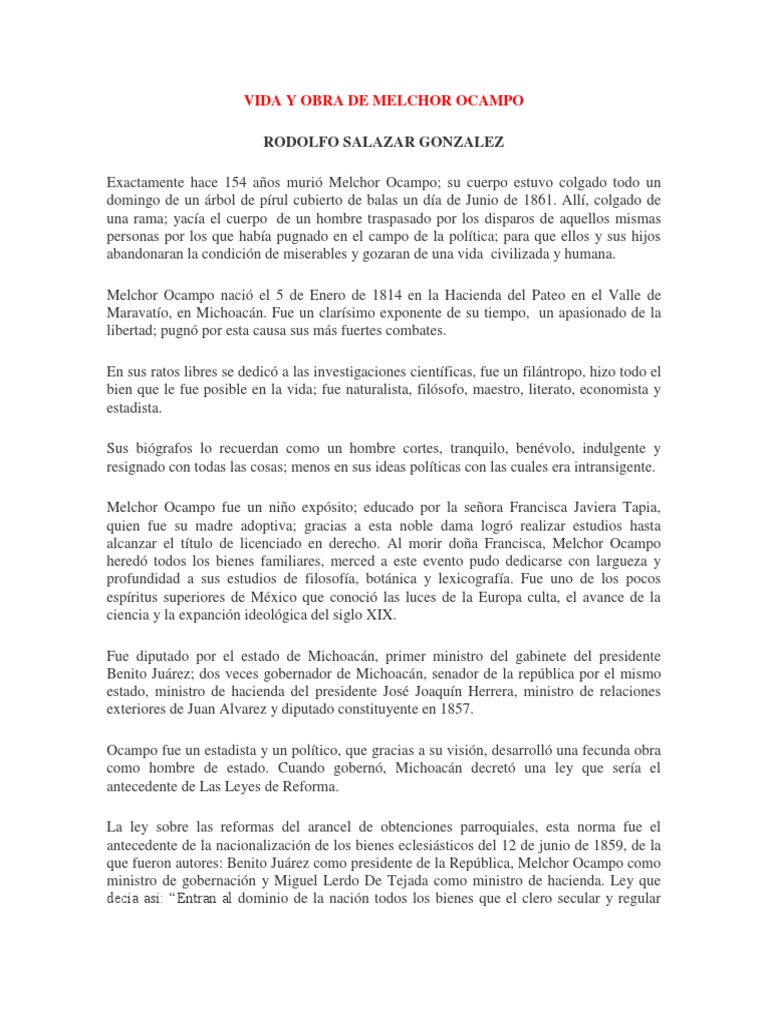 Vida y Obra de Melchor Ocampo Política Gobierno