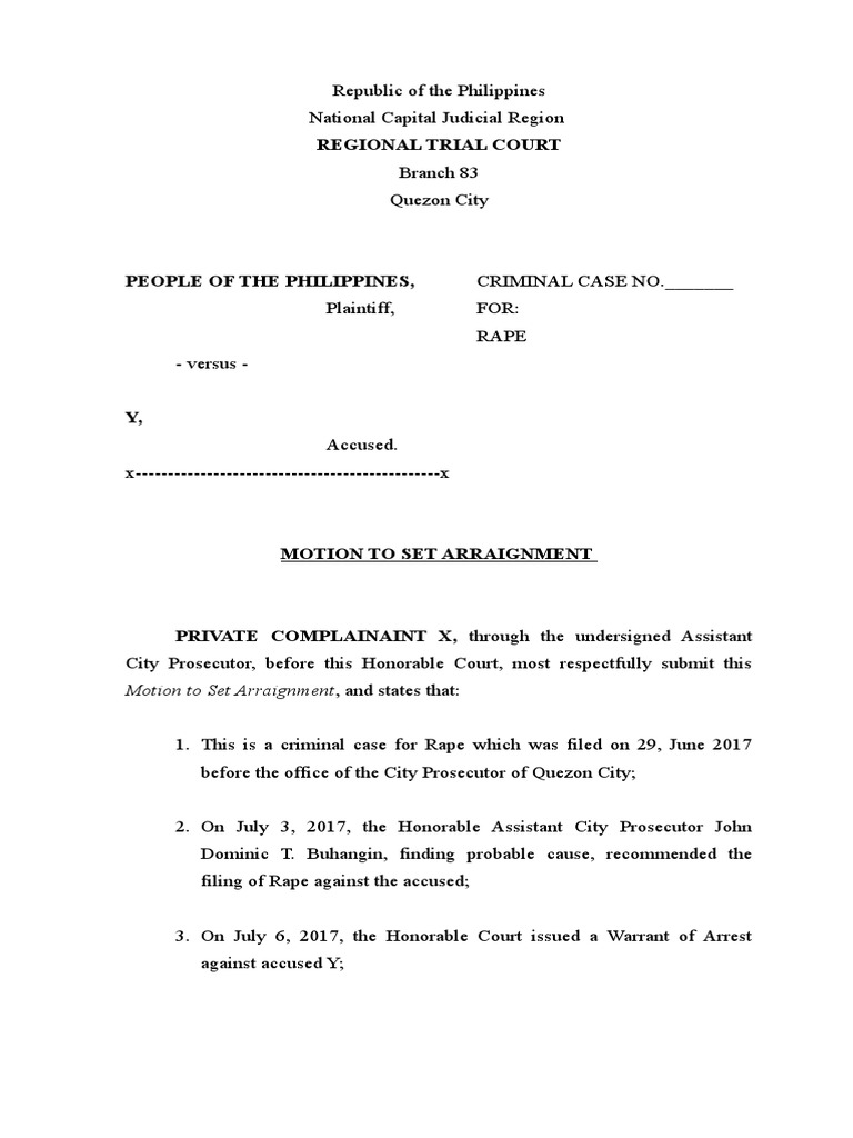 Motion to Set Arraignment for Rape Case | PDF | Prosecutor | Arraignment