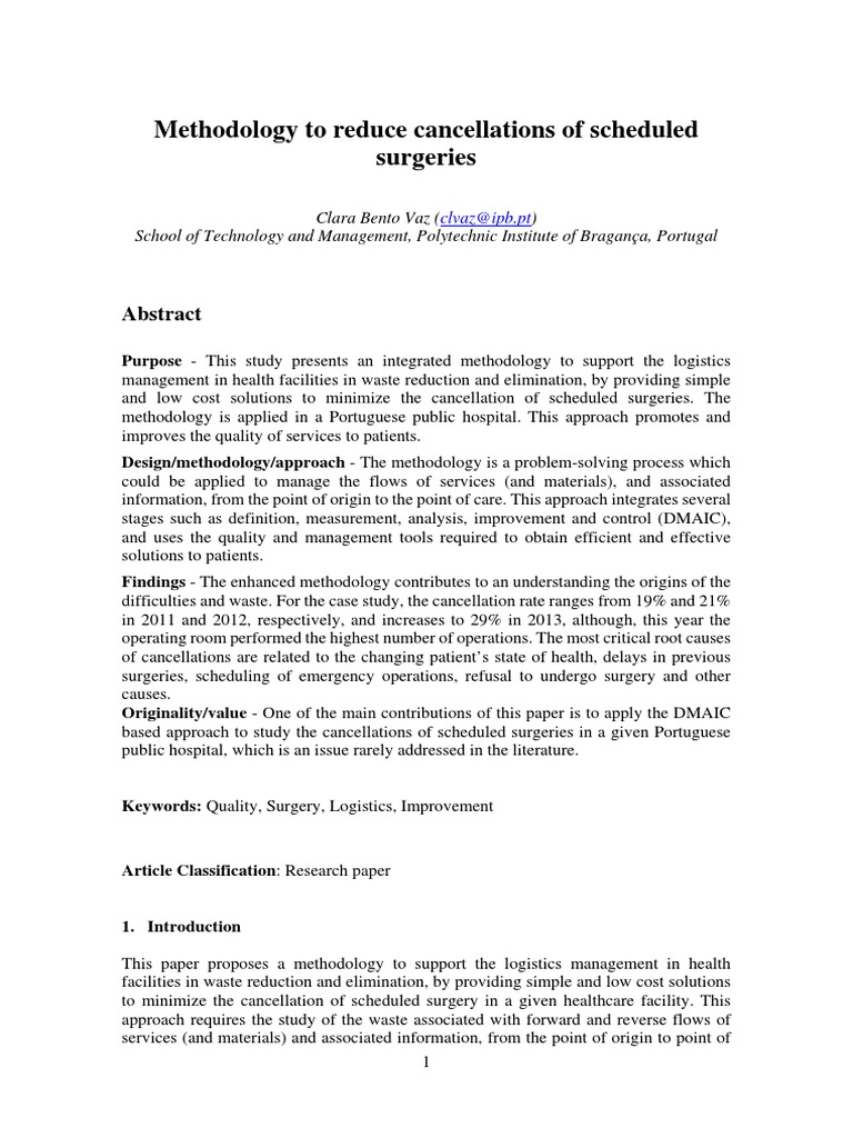 Reducing Surgery Cancellations Methodology | PDF | Surgery | Patient