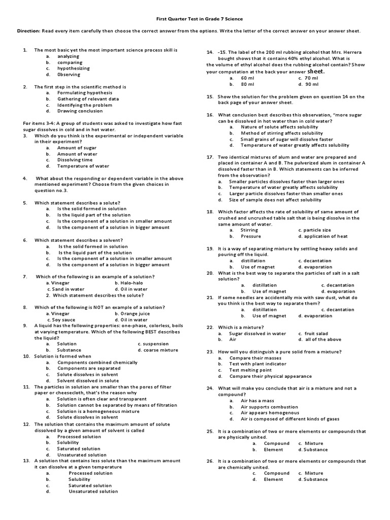 Grade 7 Science Quarter 1 Exam Guide | PDF | Solution | Mixture