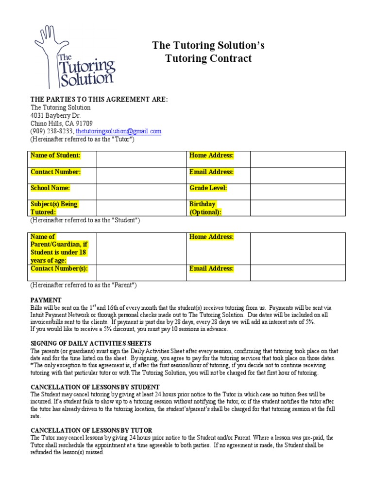 Tutoring Contract Agreement Template | PDF | Tutor | Invoice