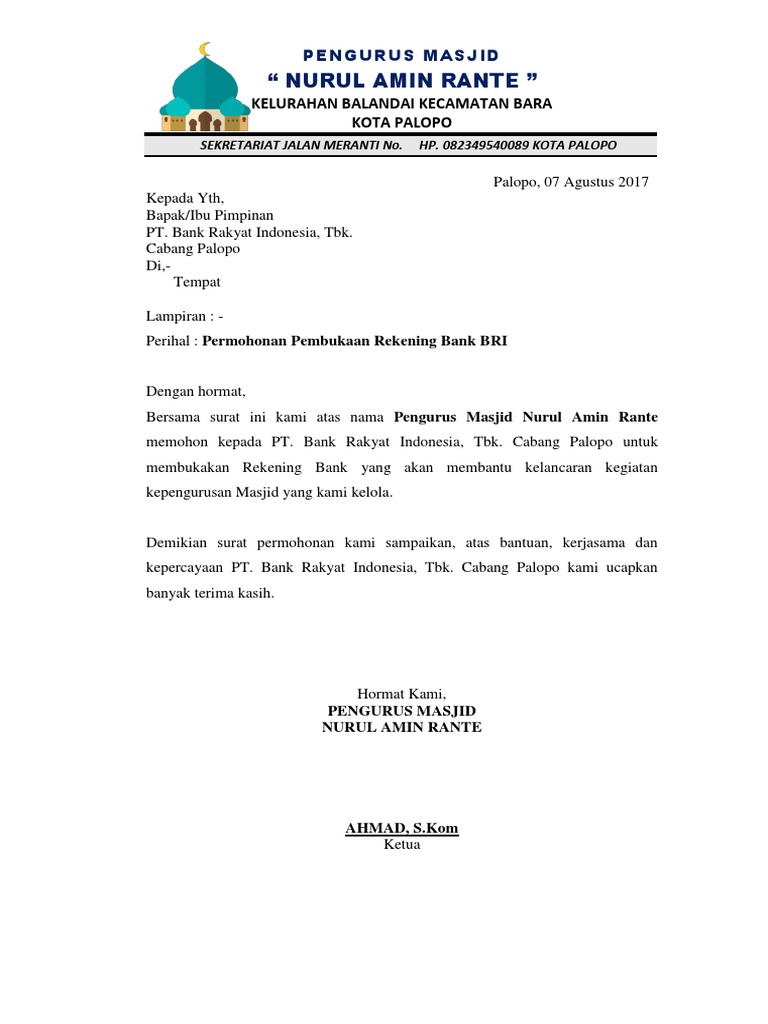 Permohonan Pembukaan Rekening Masjid Contoh Permohonan Pembukaan Rekening Bank Doc Document Cara Membuat Rekening Untuk Pembangunan Masjid Madani Surat Kuasa Lengkap Untuk Berbagai Keperluan Seruniid.