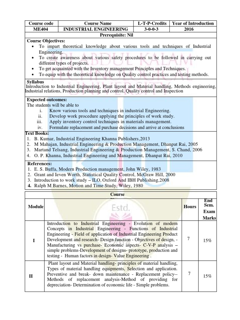 Industrial Engineering Course Syllabus | PDF | Engineering | Inventory