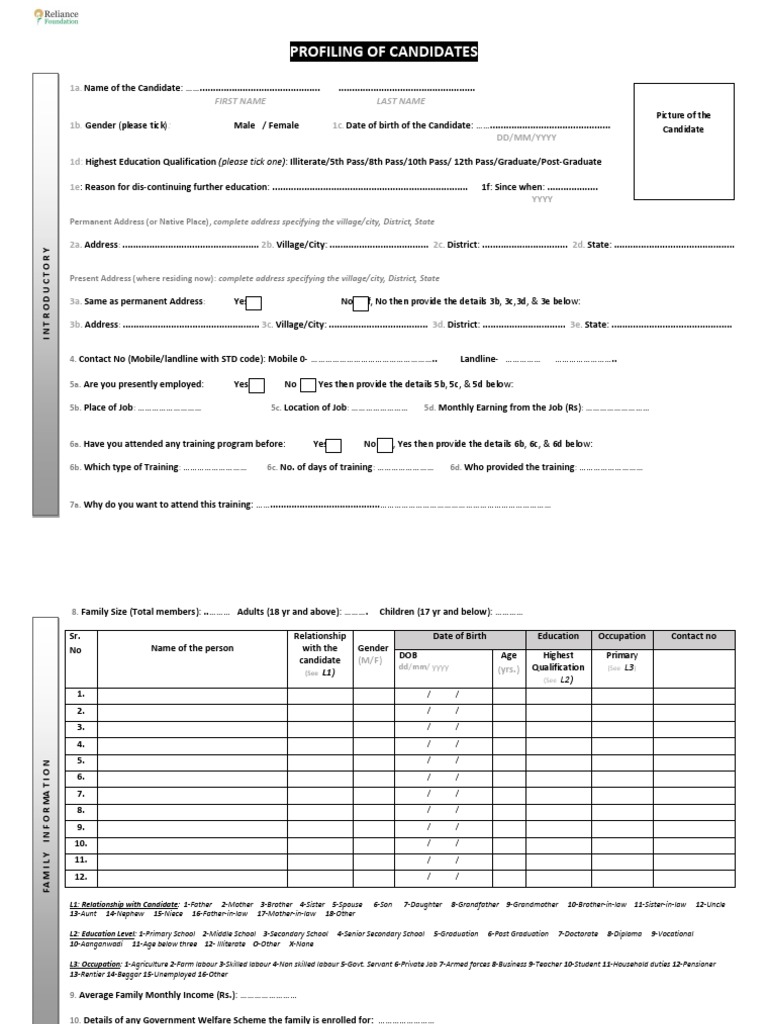 Profiling of Candidates: 1a First Name 1b. 1c Dd/Mm/Yyyy 1d: 1e Yyyy | PDF