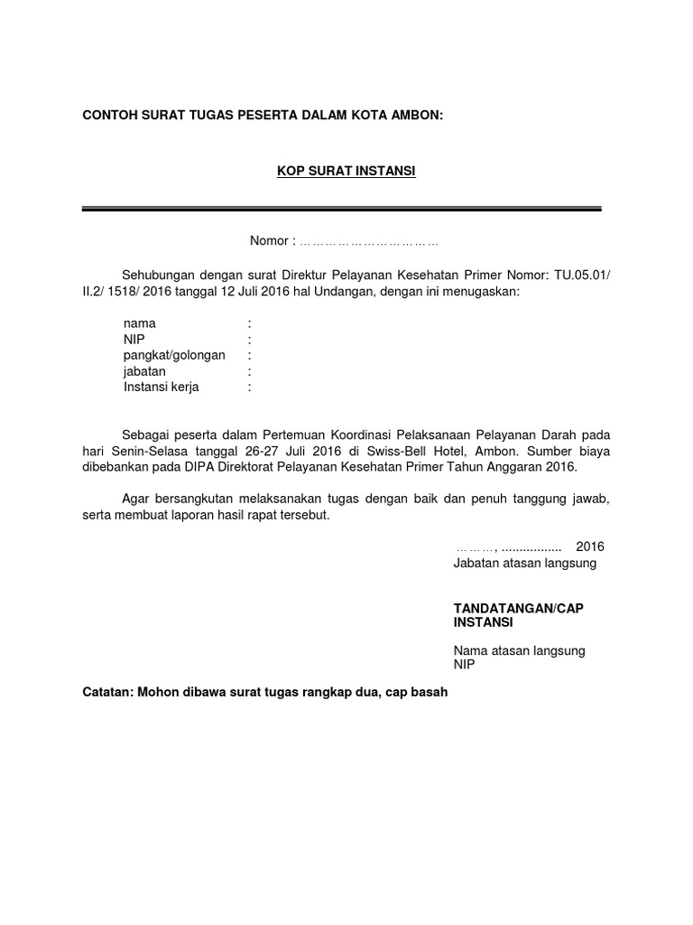Contoh Surat Tugas Peserta Dalam Kota