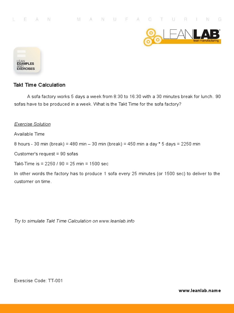 Takt Time Calculation Solved Exercises PDF Production And