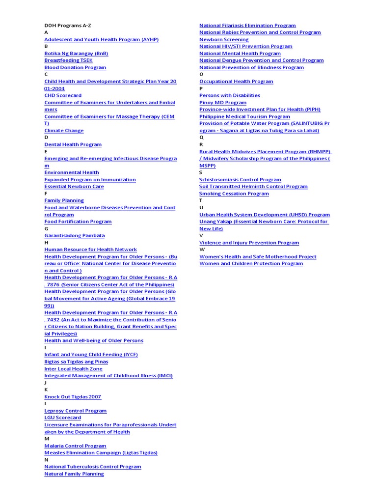 DOH Programs AZ Philippines Health Economics Health Policy