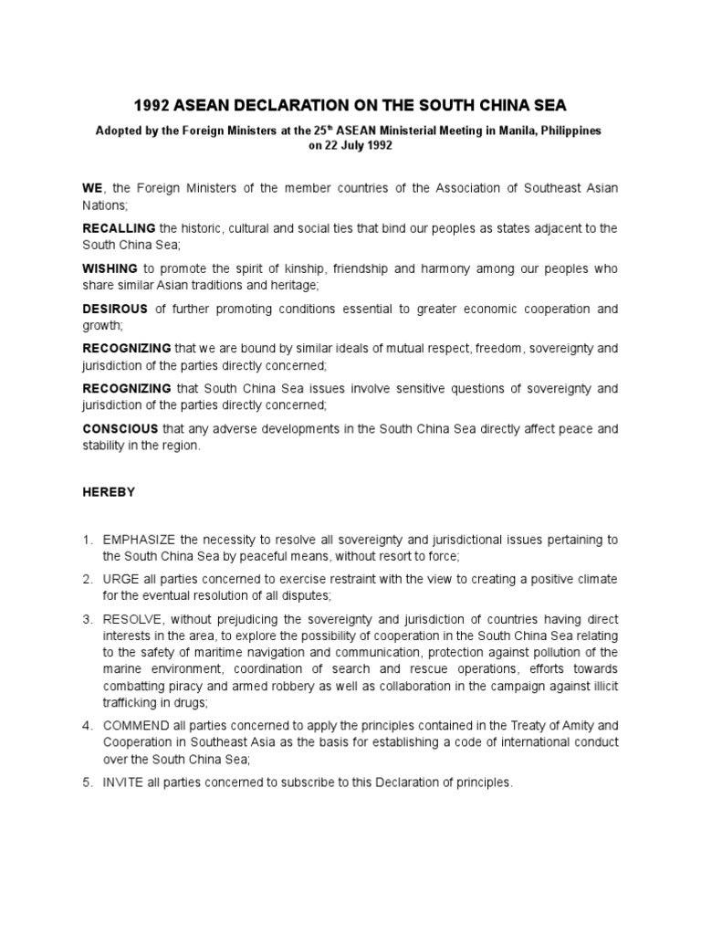 1992 ASEAN South China Sea Declaration | PDF | Association Of Southeast ...