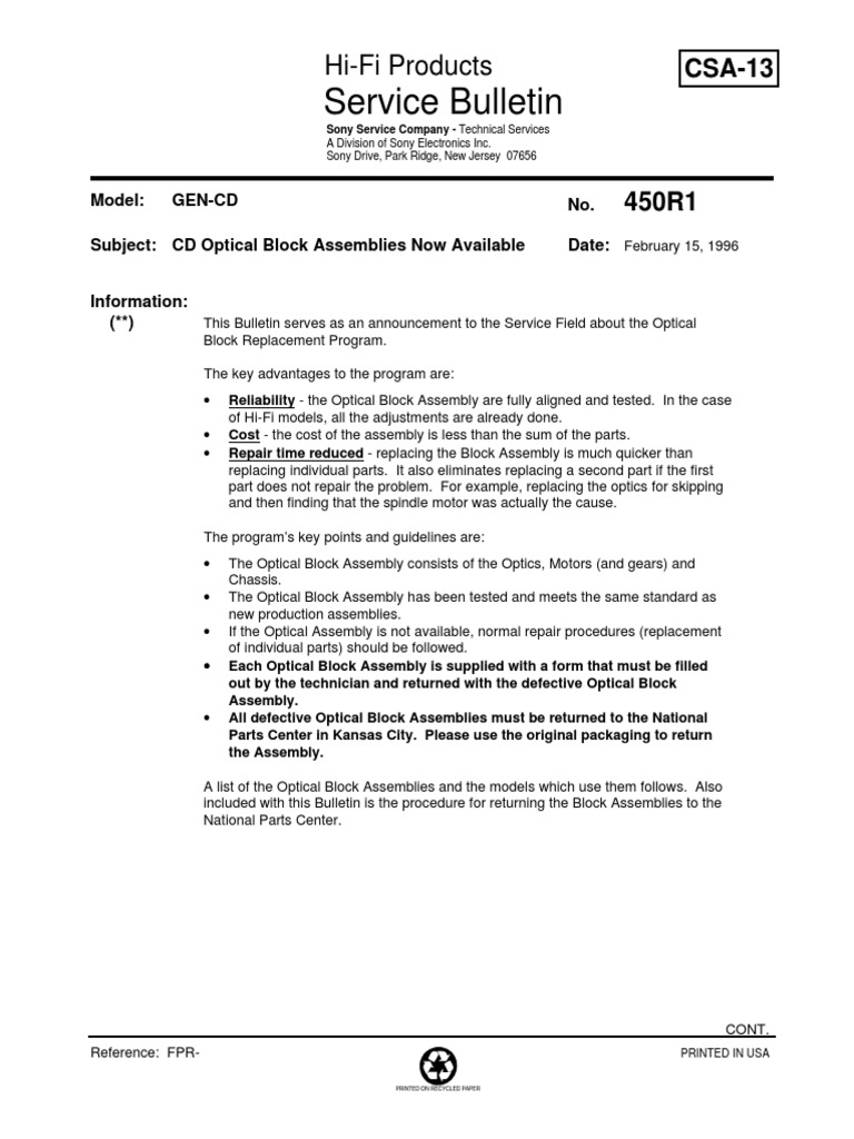 Optical Block Assembly Announcement | PDF | Compact Disc | Sound Technology