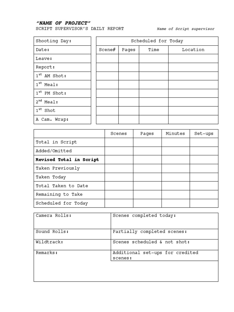 Script Supervisor Daily Report Template | PDF