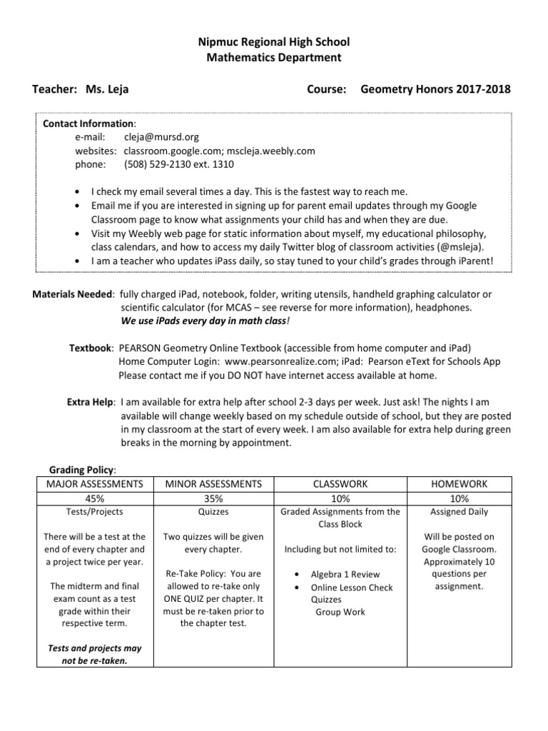 Honors geometry syllabus homework quiz