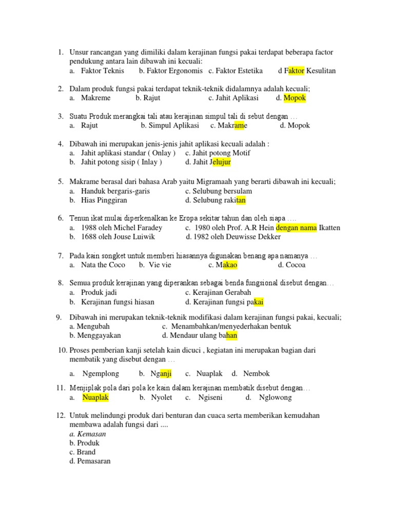 Soal Prakarya Kelas 9 Pilihan Ganda Semester 2