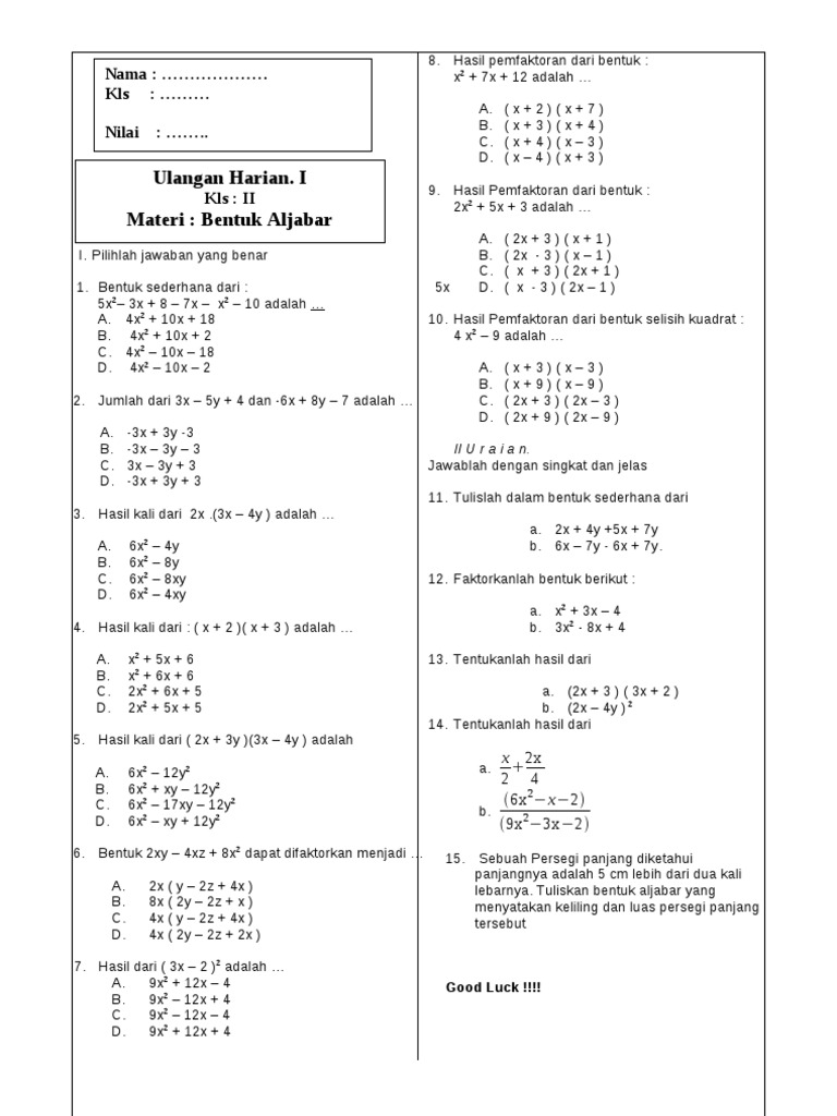 Soal Ulangan Harian Faktorisasi