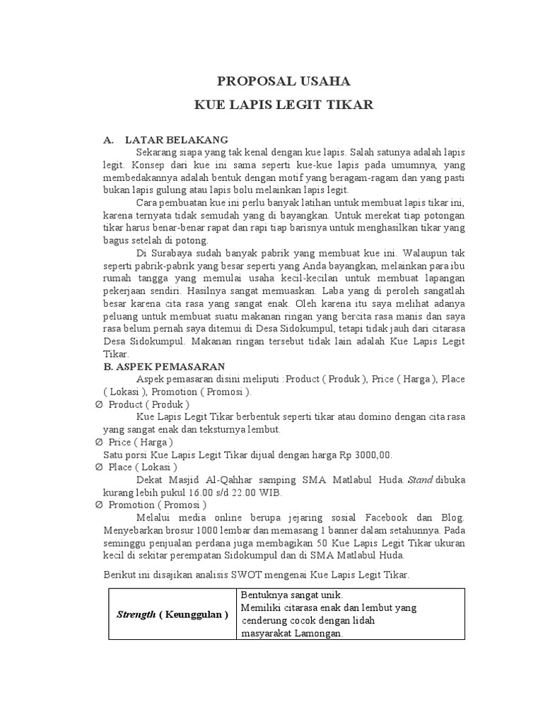 Proposal Usaha Kue Lapis Pdf Memasak Makanan Anggur