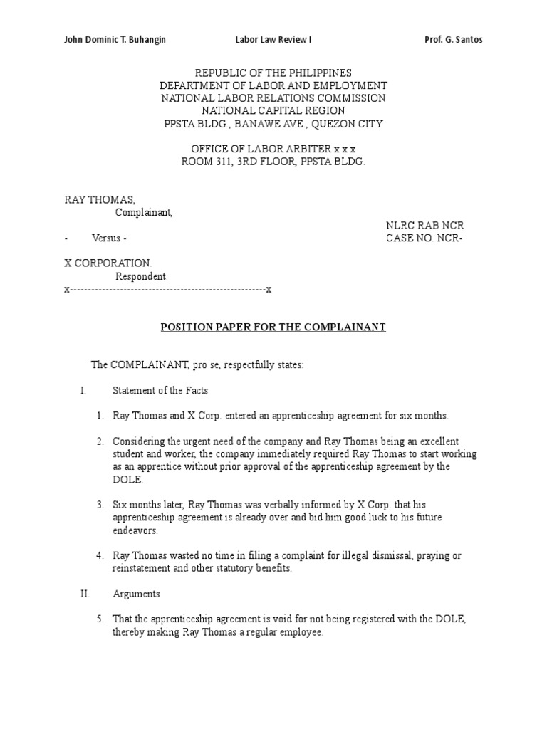 Ray Thomas - For Complainant - Position Paper | PDF | Apprenticeship ...