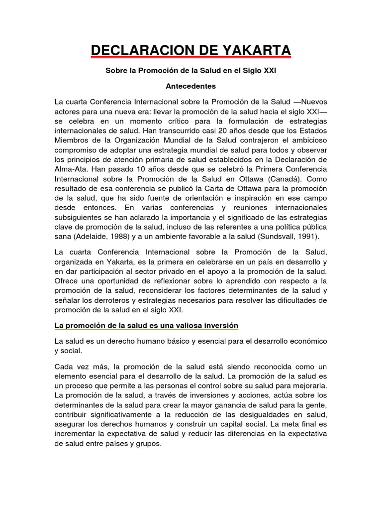 Declaracion de Yakarta Promoción de la salud Empoderamiento