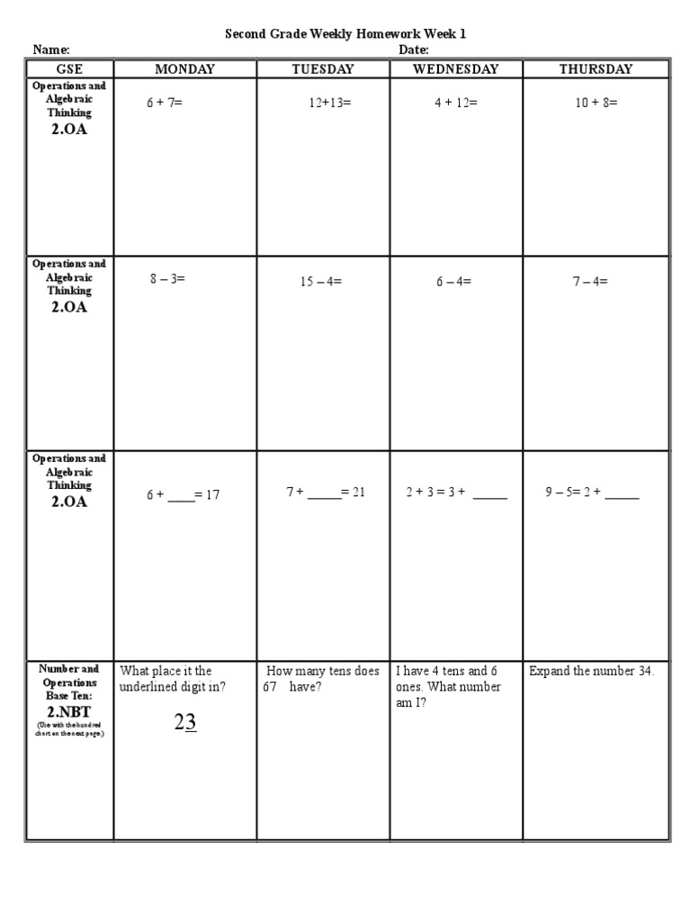 Second Grade Weekly Homework Week 1 Name: Date: GSE Monday Tuesday