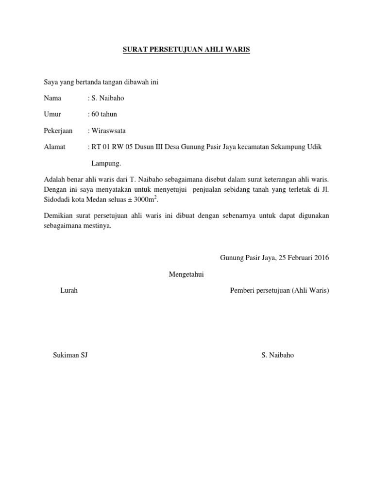 Surat Persetujuan Ahli Waris | PDF