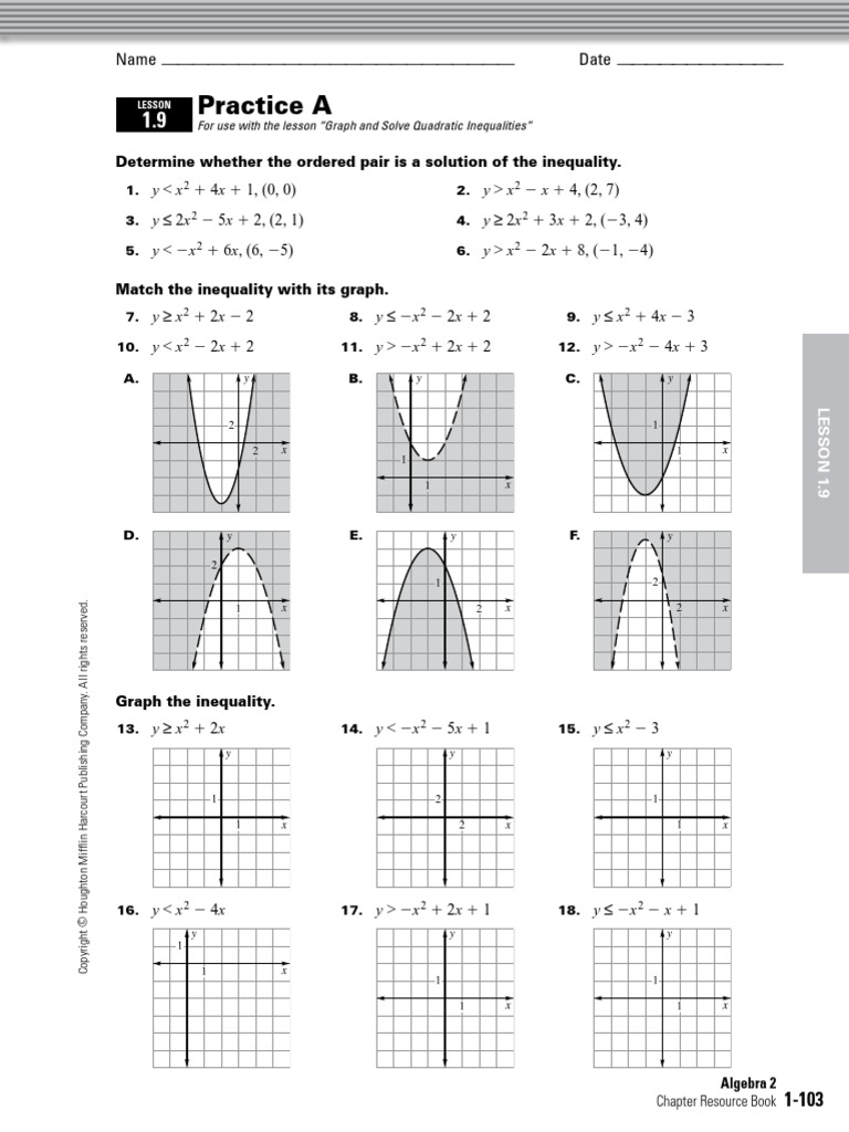 1 9 Practice A Quadratic Equation Algebra