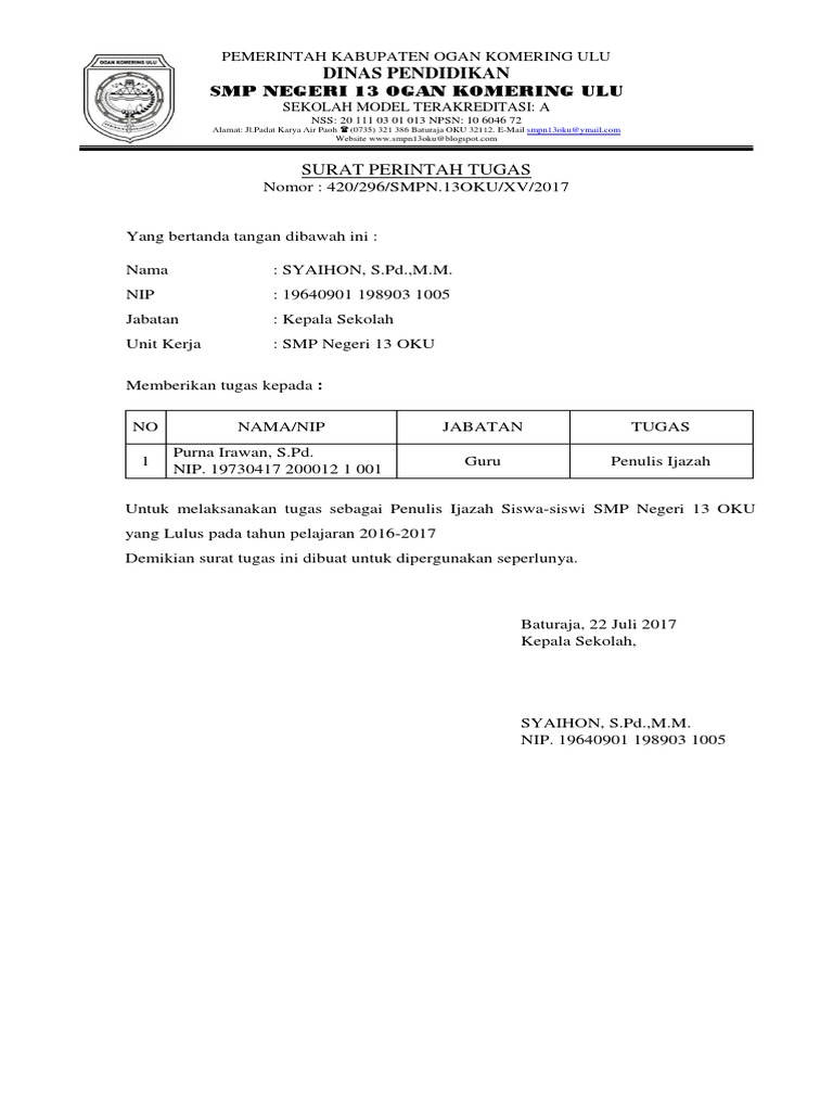 Surat Tugas Penulisan Ijazah 2017