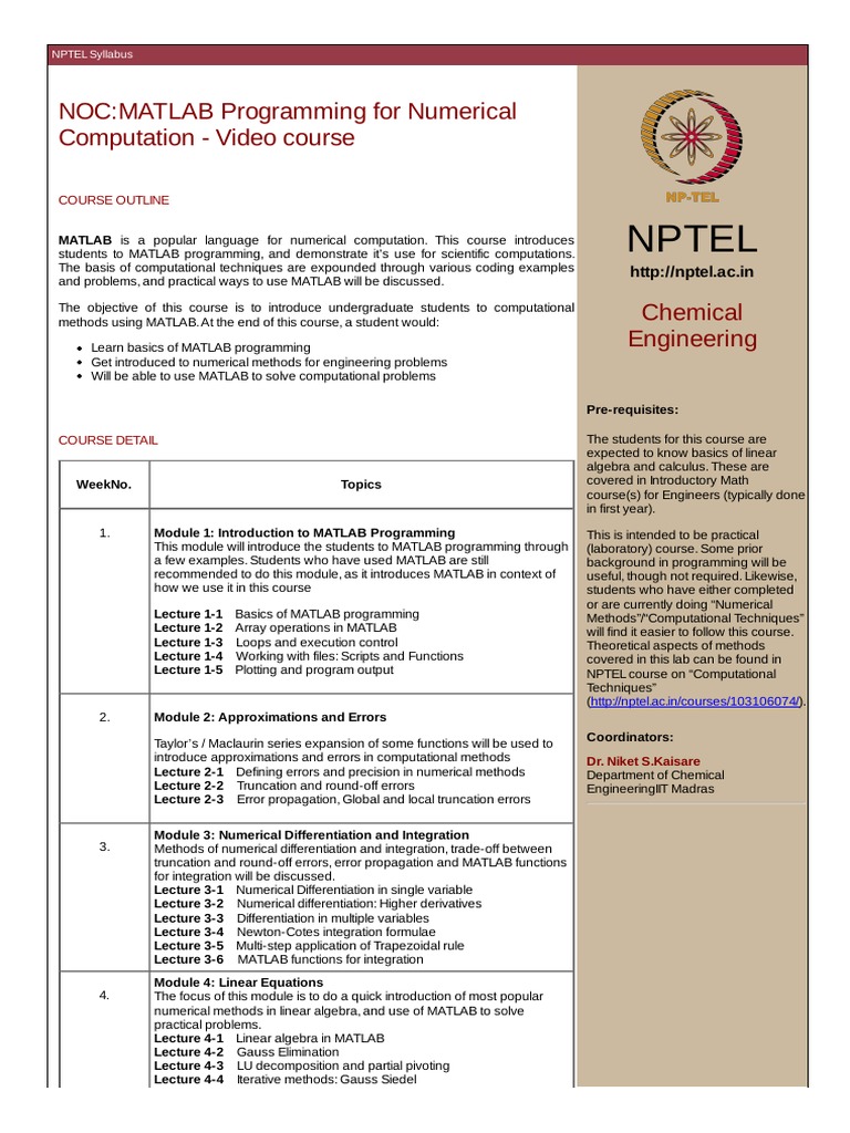 syllabus Numerical Analysis Matlab