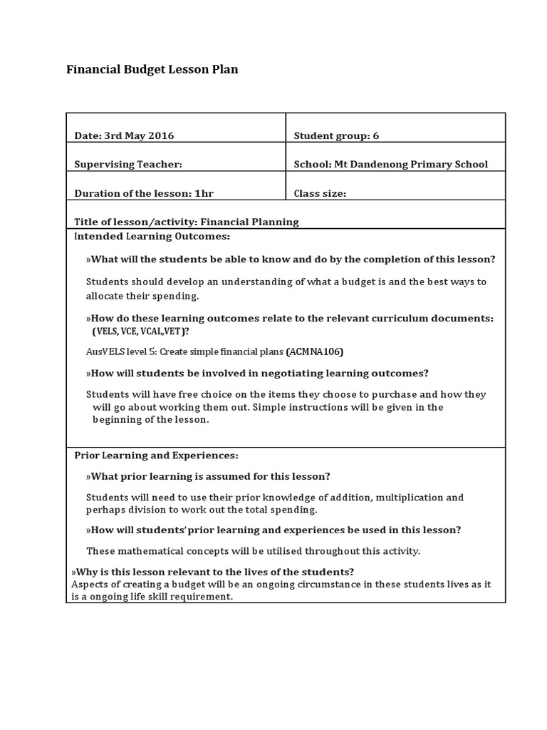 Financial Budgeting Lesson Plan 2 PDF Lesson Plan Teachers