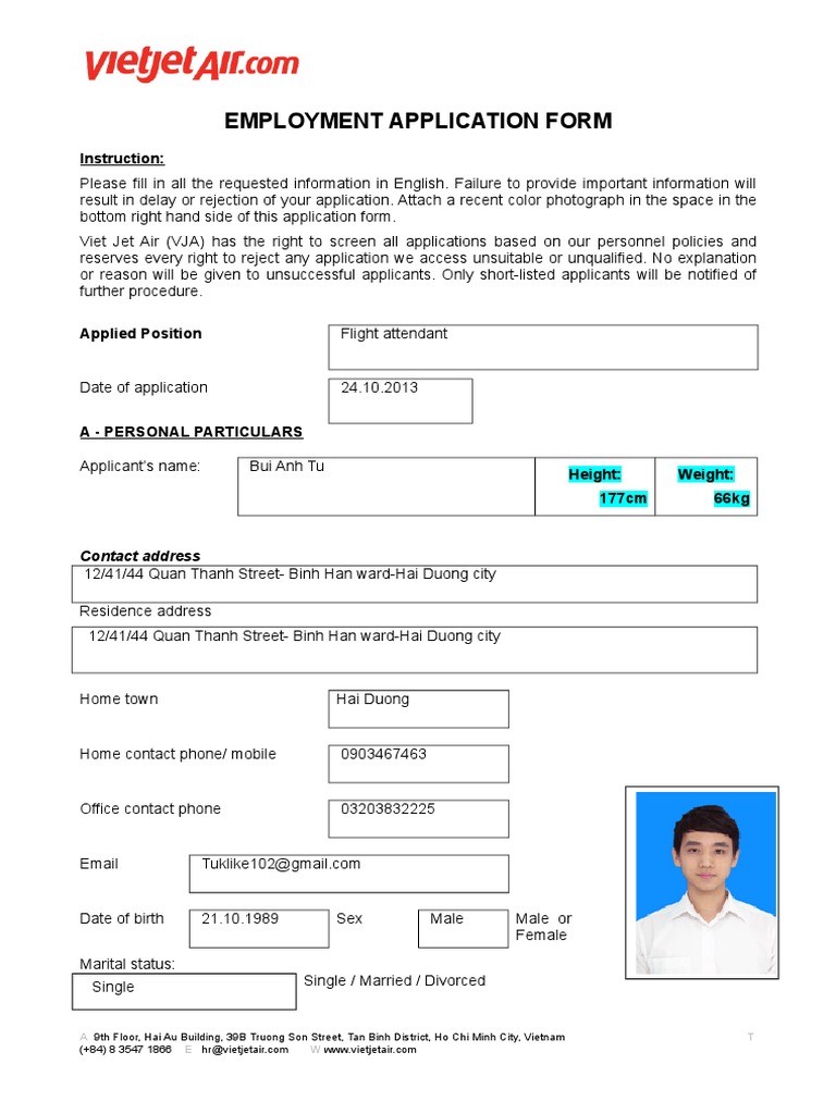 VietJetAir Employment Application Form PDF Vietnam Vietnam War