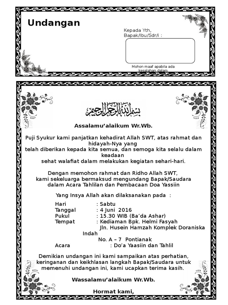 Contoh Surat Undangan Tahlil