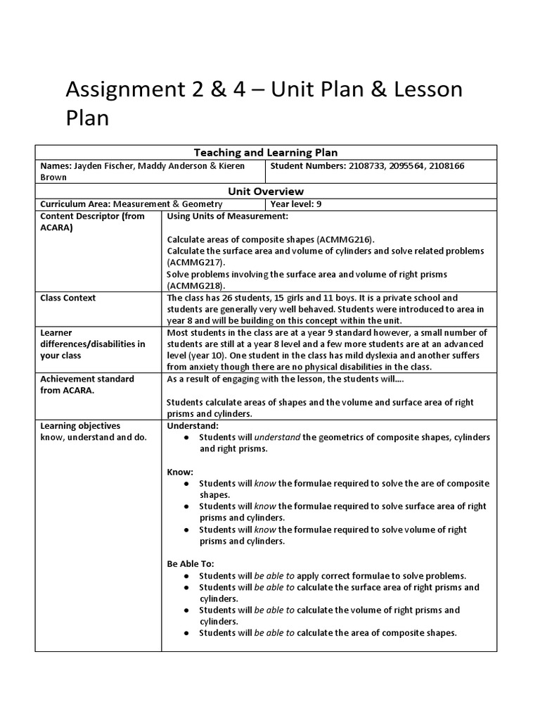 Assignment 2 4 - Unit Plan Lesson Plan | PDF | Area | Educational ...
