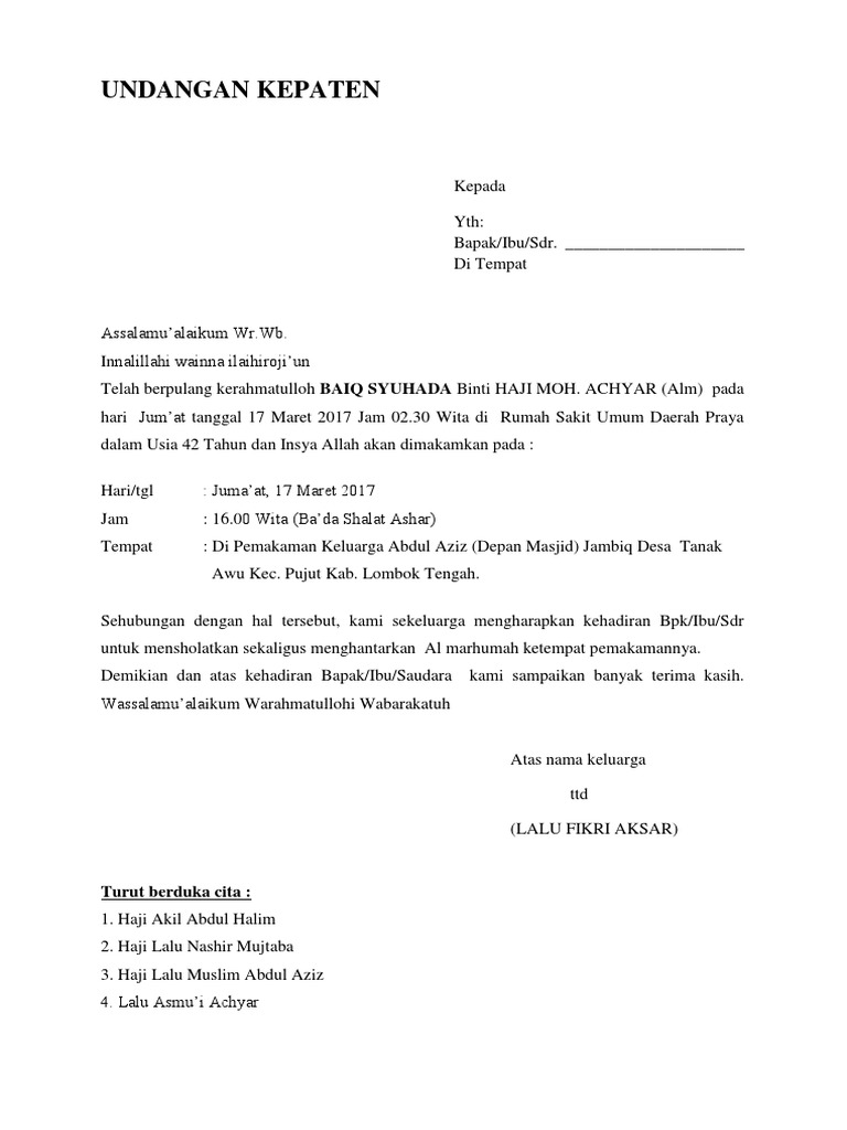 Contoh Surat Berita Duka Cita Wulan Tugas