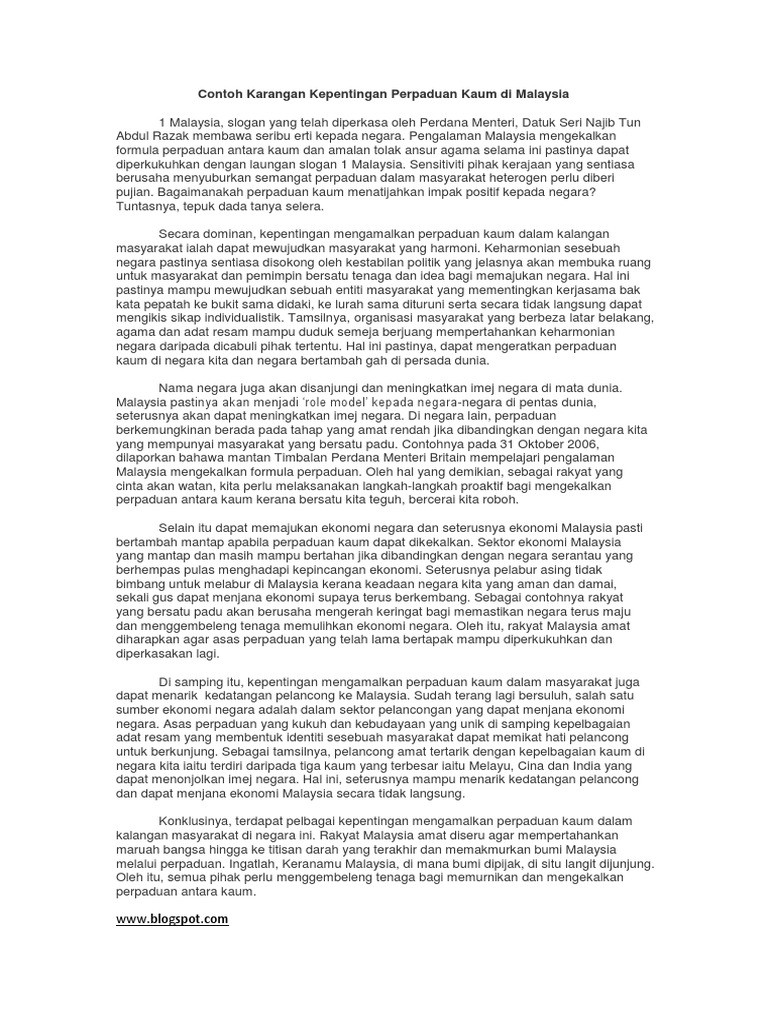 Contoh Karangan Kepentingan Perpaduan Kaum Di Malaysia  PDF