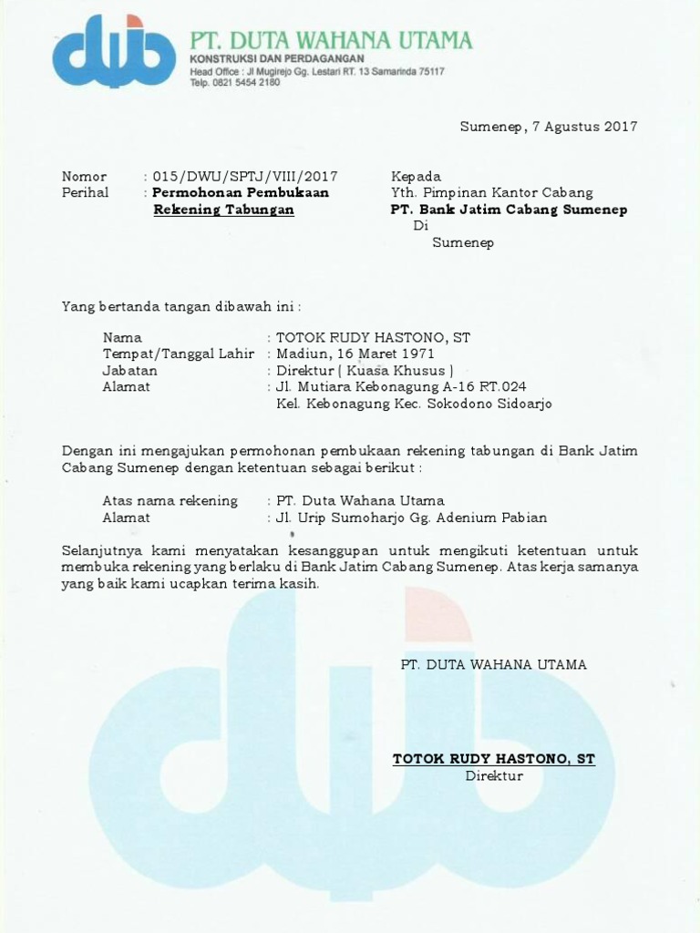 Surat Permohonan Buka Rekening baru perusahaan