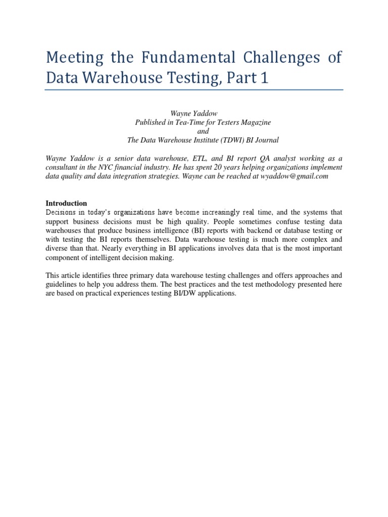 Data Warehouse Testing Challenges | PDF | Data Warehouse | Business ...