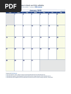 2018 Monthly Calendar