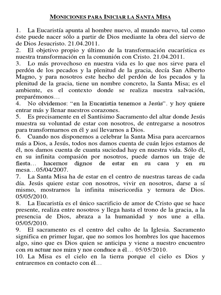 Moniciones para Iniciar La Santa Mis1 PDF eucaristía Misa (liturgia)
