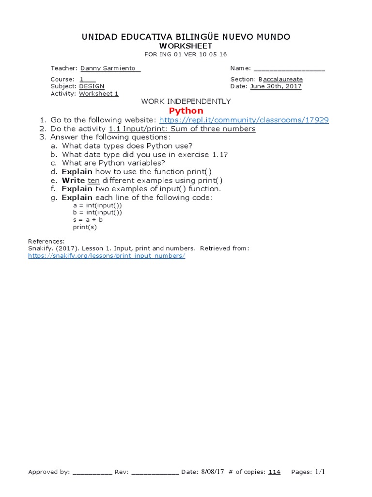 Python Worksheet Activity | PDF