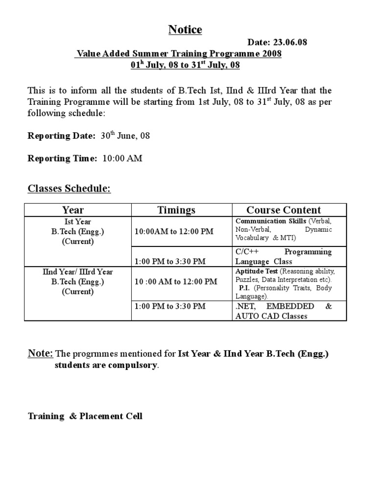 Notice Summer Tranning | PDF