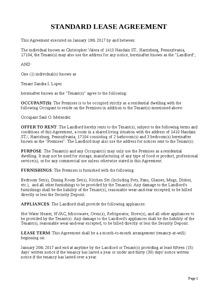 Pennsylvania Standard Lease Agreement Residential 20170123 Leasehold Estate Landlord