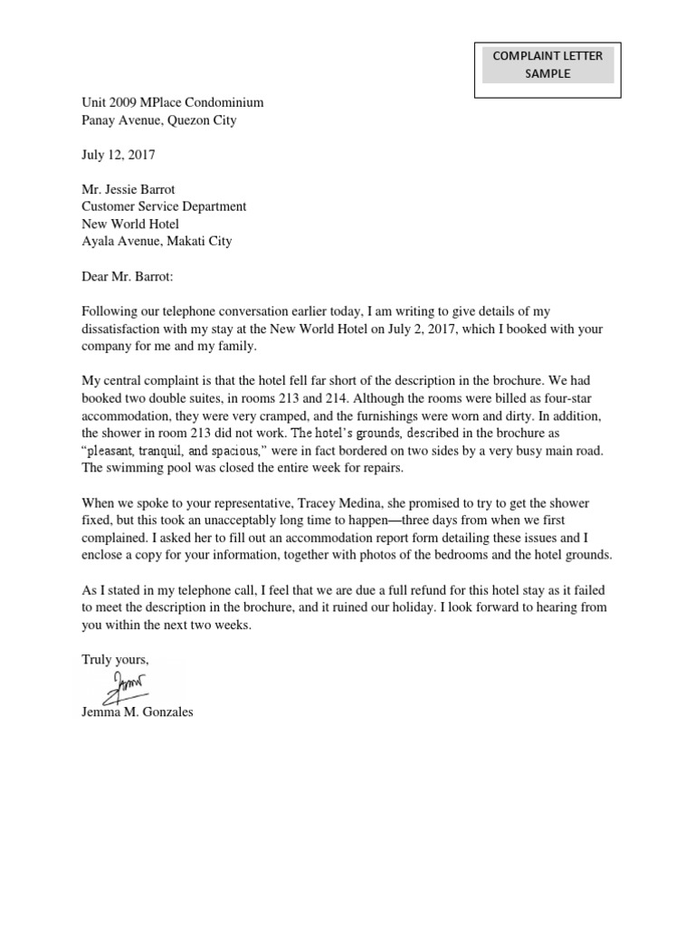 Complaint Letter Sample  PDF