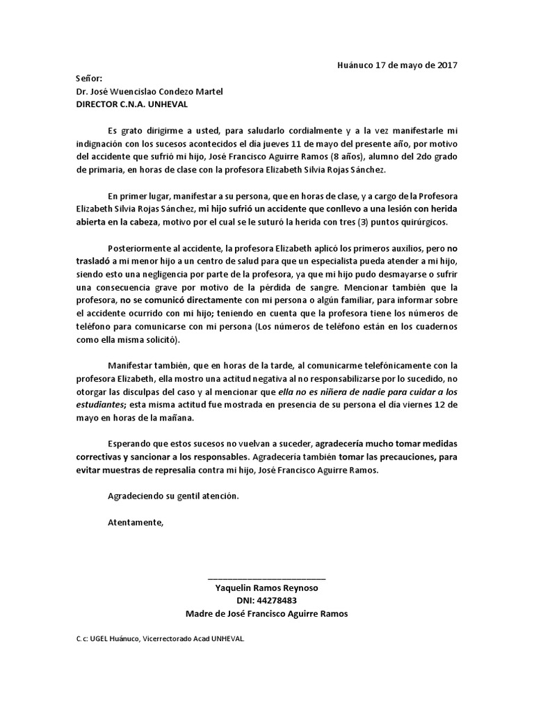 Modelo Carta de Reclamo Colegio  Violencia  Agitación
