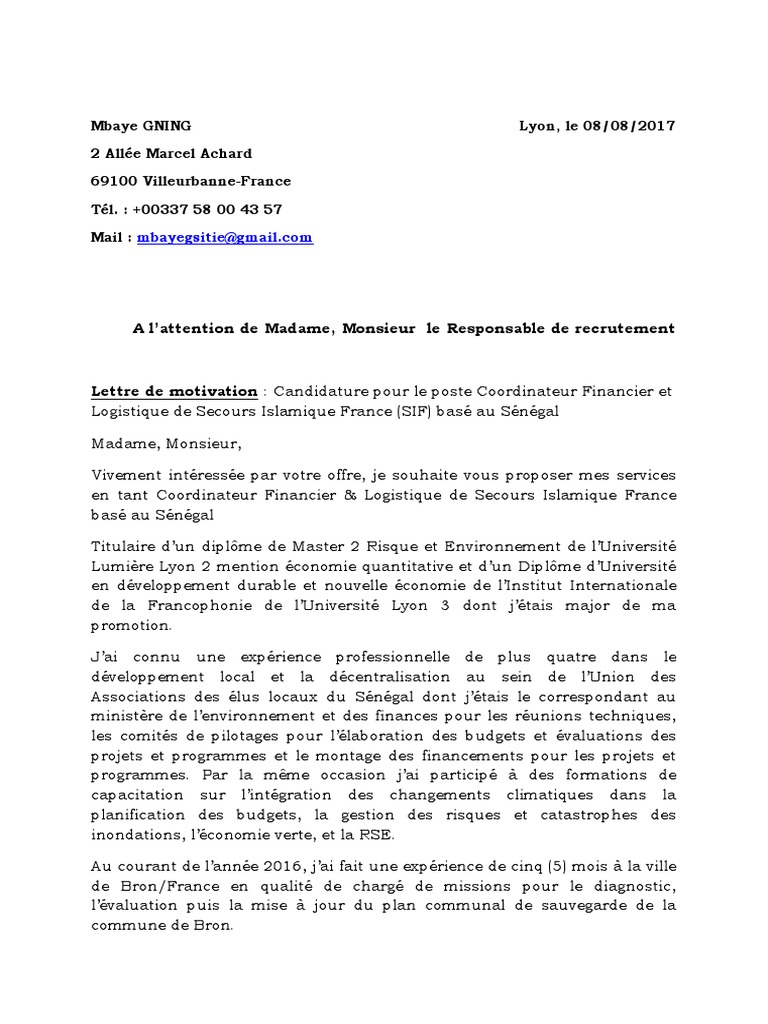 lettre de motivation environnement développement durable
