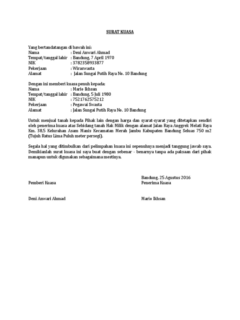 Contoh Surat Kuasa Penjualan Tanah Kosong | PDF