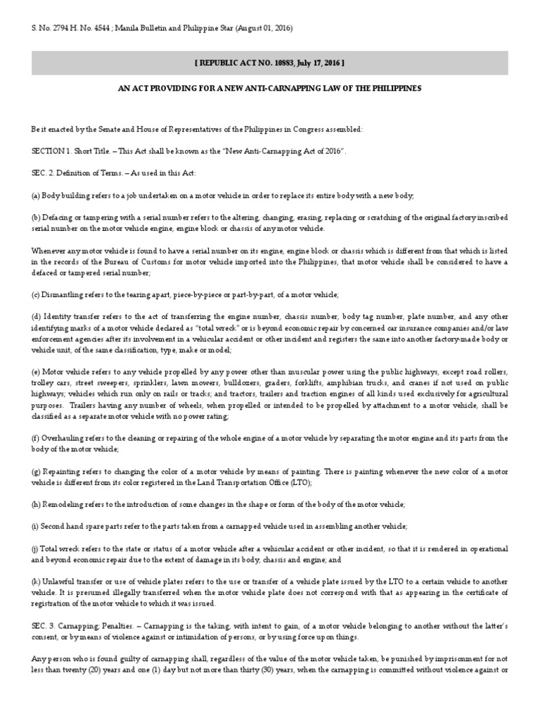New Anti-Carnapping Act of 2016 | PDF | Vehicles | Truck